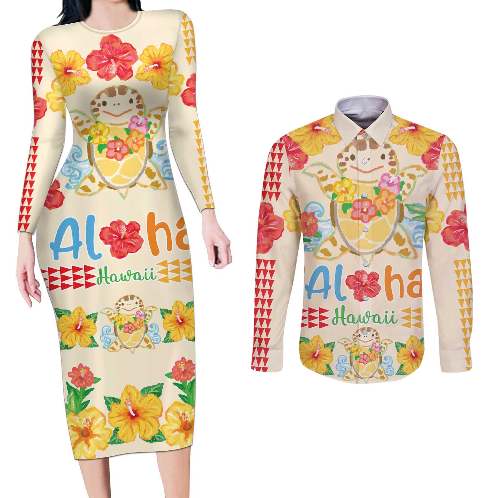 Kawaii Turtle Couples Matching Long Sleeve Bodycon Dress and Long Sleeve Button Shirt Aloha Hibiscus Flowers