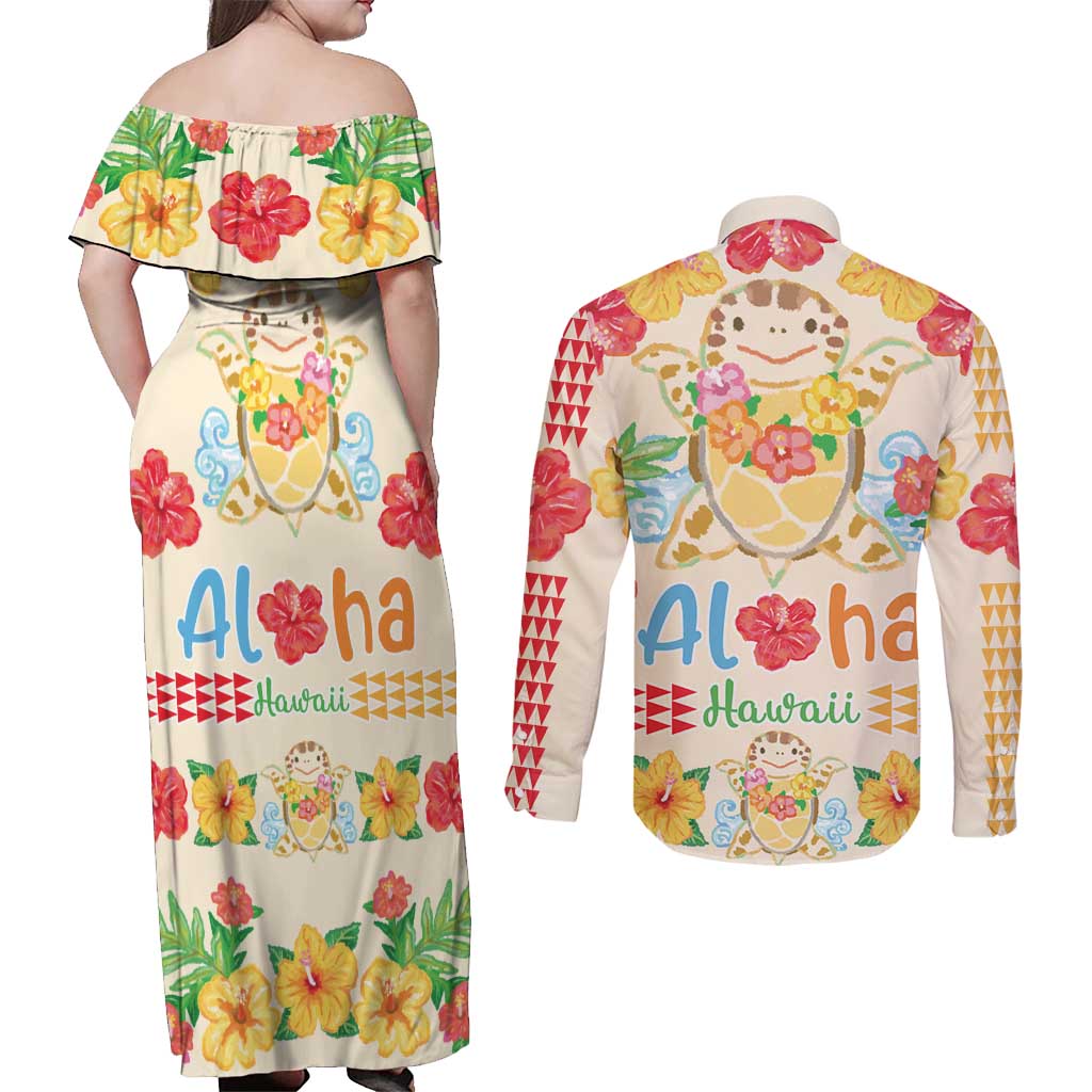Kawaii Turtle Couples Matching Off Shoulder Maxi Dress and Long Sleeve Button Shirt Aloha Hibiscus Flowers