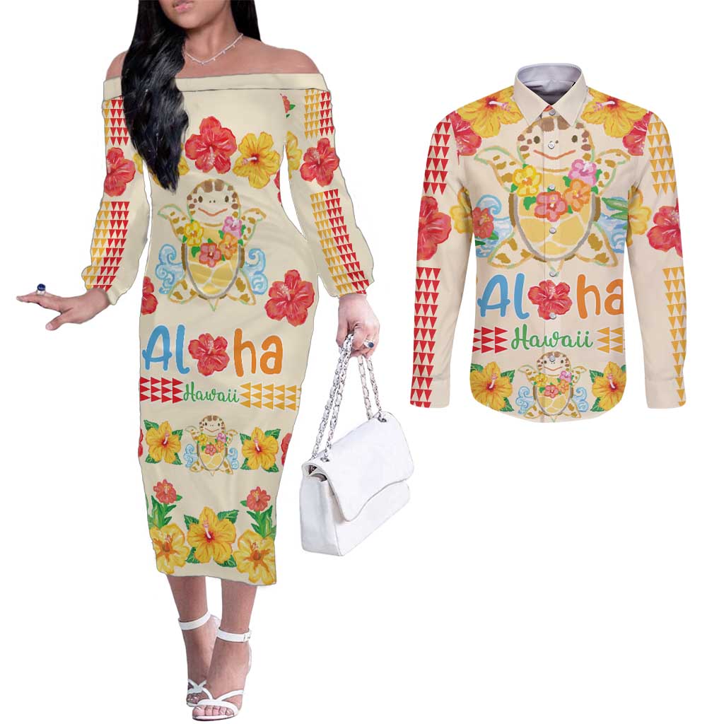 Kawaii Turtle Couples Matching Off The Shoulder Long Sleeve Dress and Long Sleeve Button Shirt Aloha Hibiscus Flowers LT9 Beige - Polynesian Pride