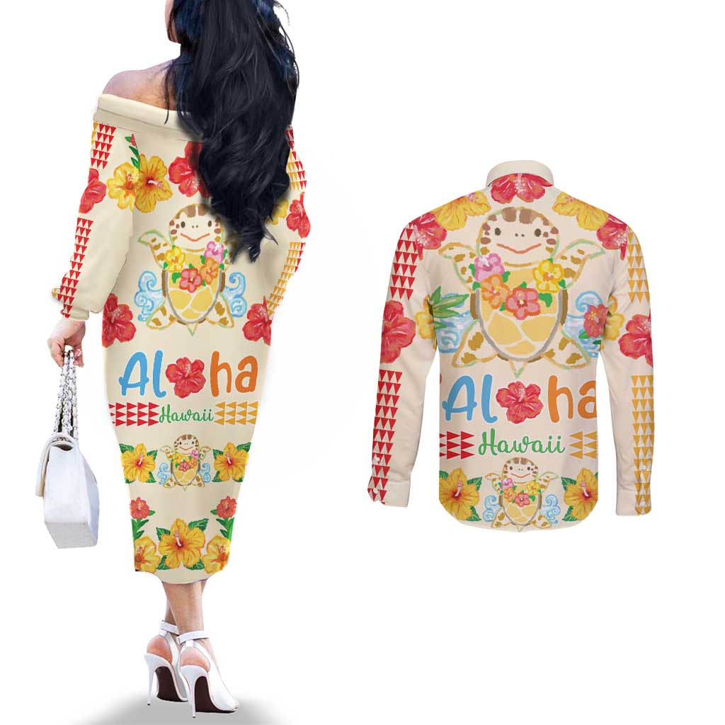 Kawaii Turtle Couples Matching Off The Shoulder Long Sleeve Dress and Long Sleeve Button Shirt Aloha Hibiscus Flowers LT9 - Polynesian Pride