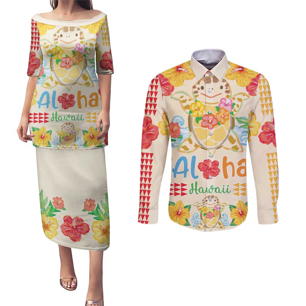 Kawaii Turtle Couples Matching Puletasi and Long Sleeve Button Shirt Aloha Hibiscus Flowers
