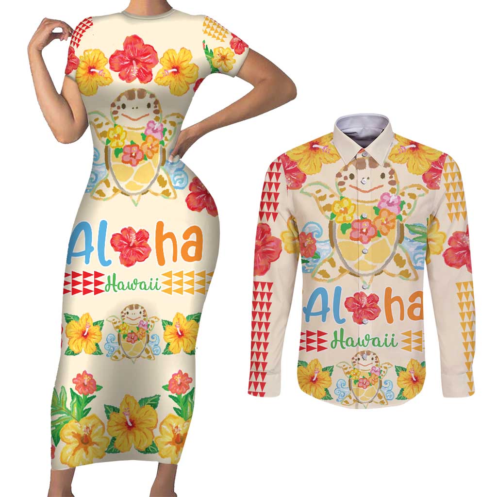 Kawaii Turtle Couples Matching Short Sleeve Bodycon Dress and Long Sleeve Button Shirt Aloha Hibiscus Flowers