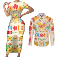 Kawaii Turtle Couples Matching Short Sleeve Bodycon Dress and Long Sleeve Button Shirt Aloha Hibiscus Flowers
