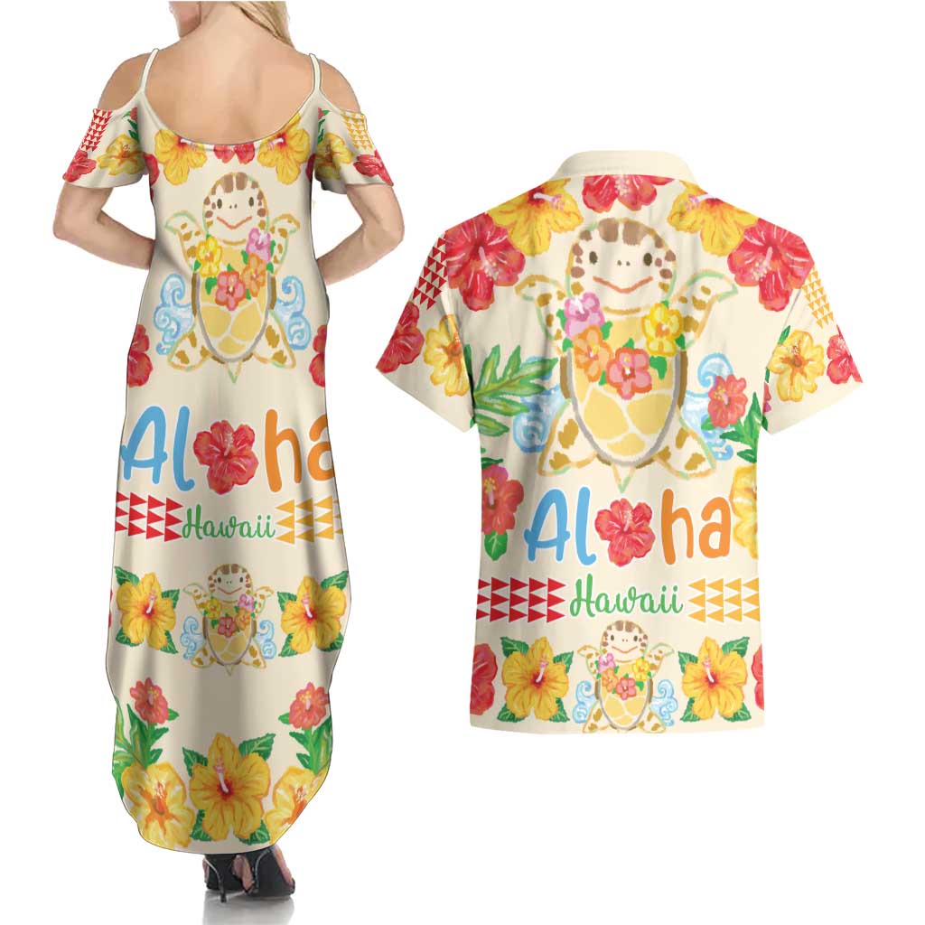 Kawaii Turtle Couples Matching Summer Maxi Dress and Hawaiian Shirt Aloha Hibiscus Flowers