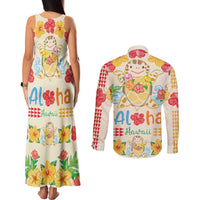 Kawaii Turtle Couples Matching Tank Maxi Dress and Long Sleeve Button Shirt Aloha Hibiscus Flowers