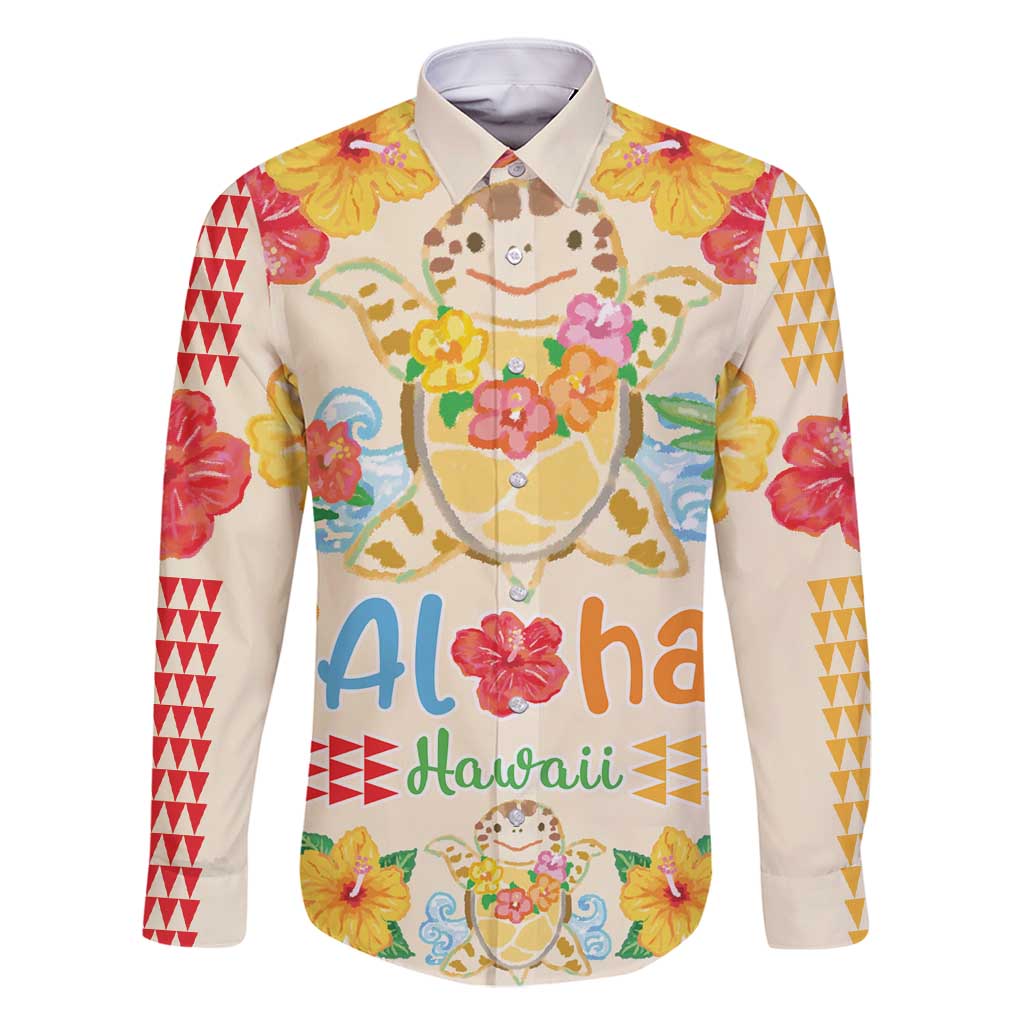 Kawaii Turtle Family Matching Long Sleeve Bodycon Dress and Hawaiian Shirt Aloha Hibiscus Flowers LT9 Dad's Shirt - Long Sleeve Beige - Polynesian Pride