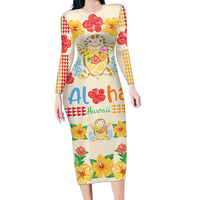 Kawaii Turtle Family Matching Long Sleeve Bodycon Dress and Hawaiian Shirt Aloha Hibiscus Flowers LT9 Mom's Dress Beige - Polynesian Pride