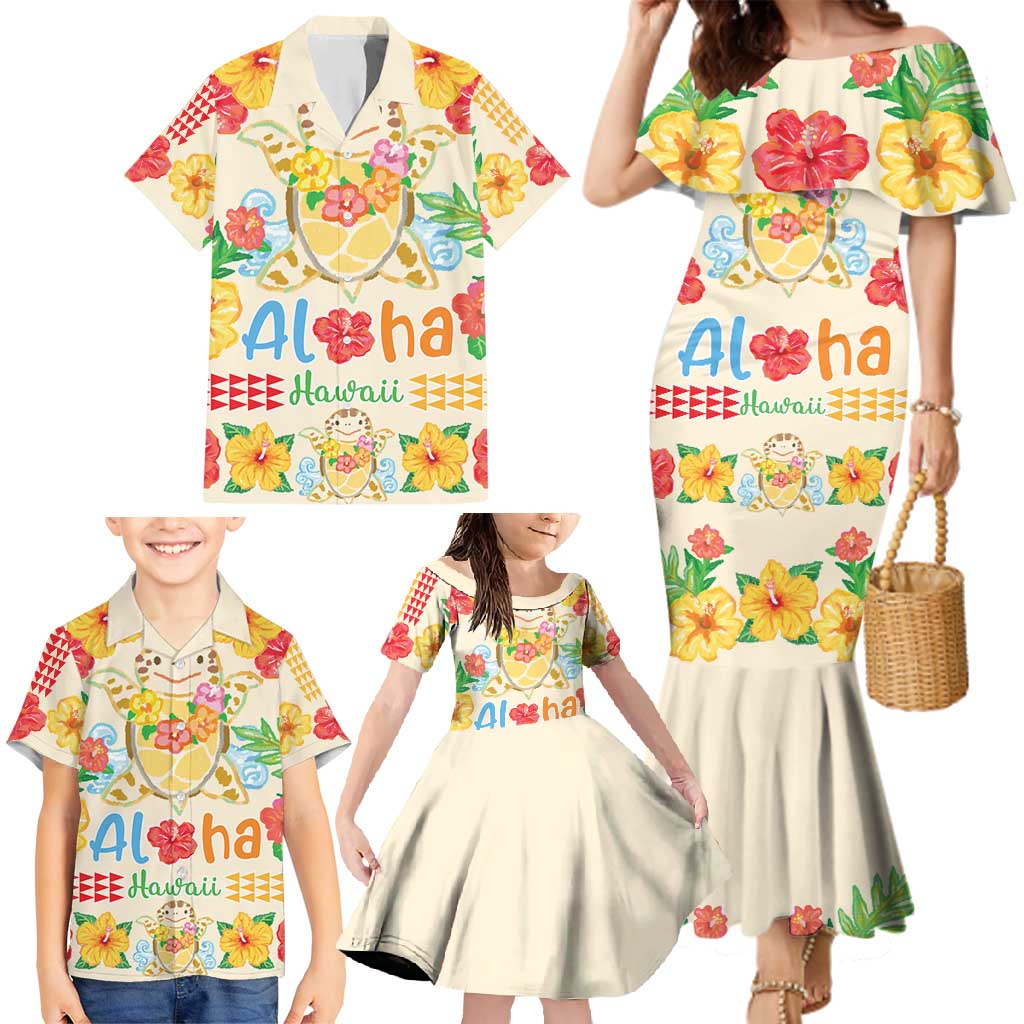 Kawaii Turtle Family Matching Mermaid Dress and Hawaiian Shirt Aloha Hibiscus Flowers