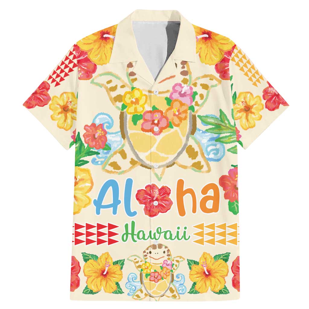 Kawaii Turtle Family Matching Mermaid Dress and Hawaiian Shirt Aloha Hibiscus Flowers LT9 Dad's Shirt - Short Sleeve Beige - Polynesian Pride