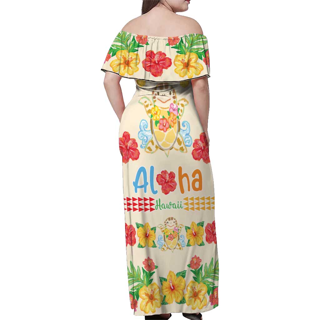 Kawaii Turtle Family Matching Off Shoulder Maxi Dress and Hawaiian Shirt Aloha Hibiscus Flowers