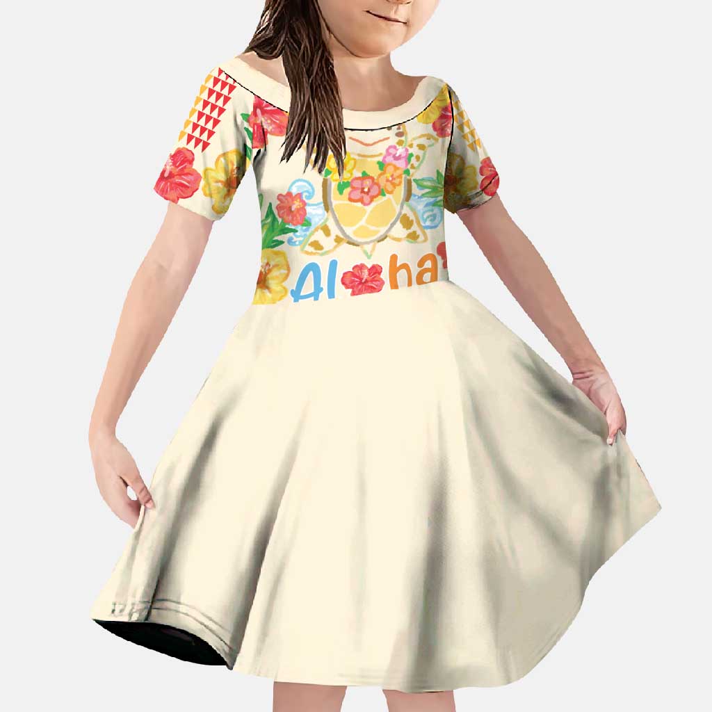 Kawaii Turtle Family Matching Summer Maxi Dress and Hawaiian Shirt Aloha Hibiscus Flowers LT9 Daughter's Dress Beige - Polynesian Pride