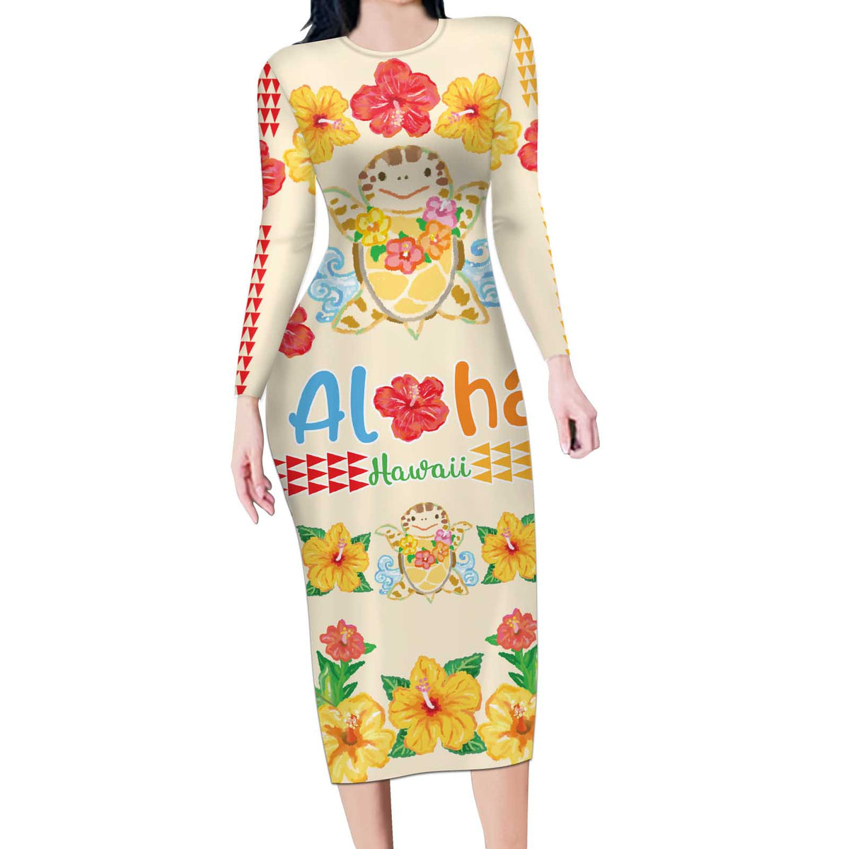 Kawaii Turtle Long Sleeve Bodycon Dress Aloha Hibiscus Flowers LT9 Long Dress Beige - Polynesian Pride