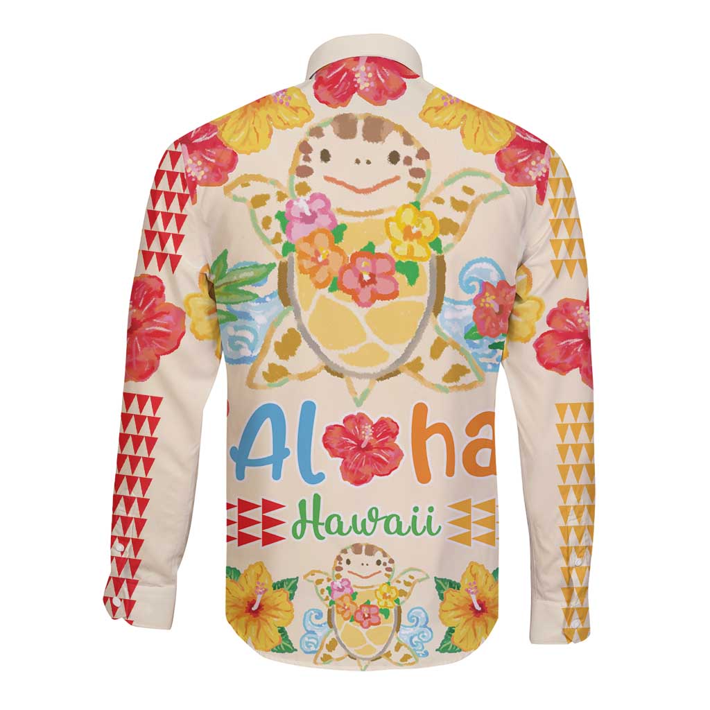 Kawaii Turtle Long Sleeve Button Shirt Aloha Hibiscus Flowers