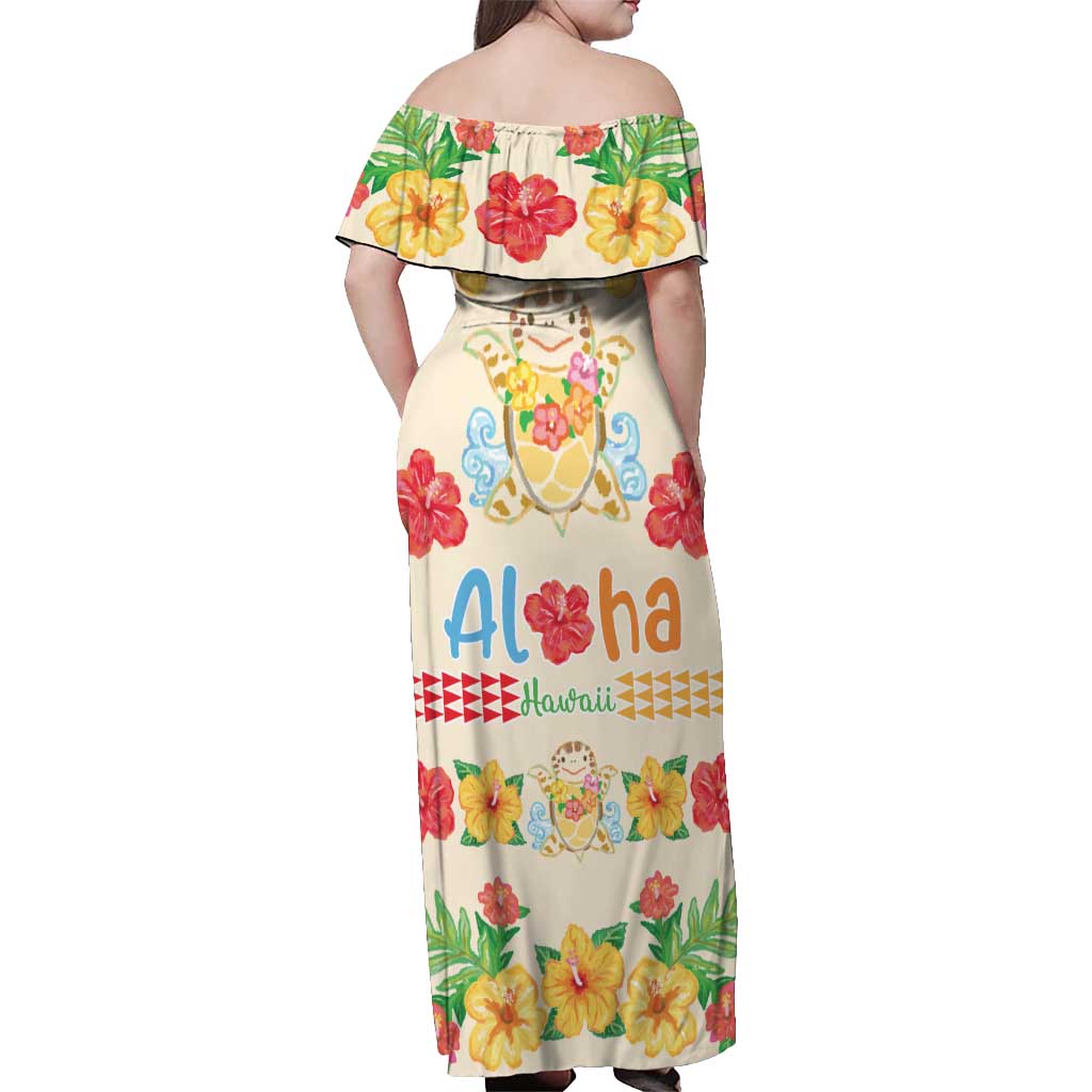 Kawaii Turtle Off Shoulder Maxi Dress Aloha Hibiscus Flowers