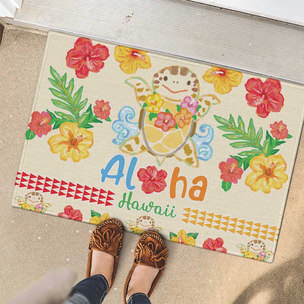 Kawaii Turtle Rubber Doormat Aloha Hibiscus Flowers