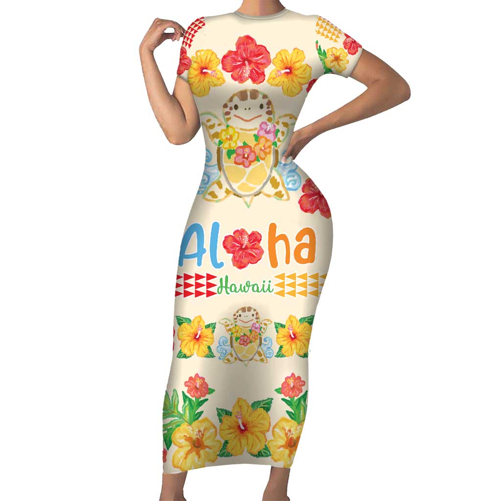 Kawaii Turtle Short Sleeve Bodycon Dress Aloha Hibiscus Flowers