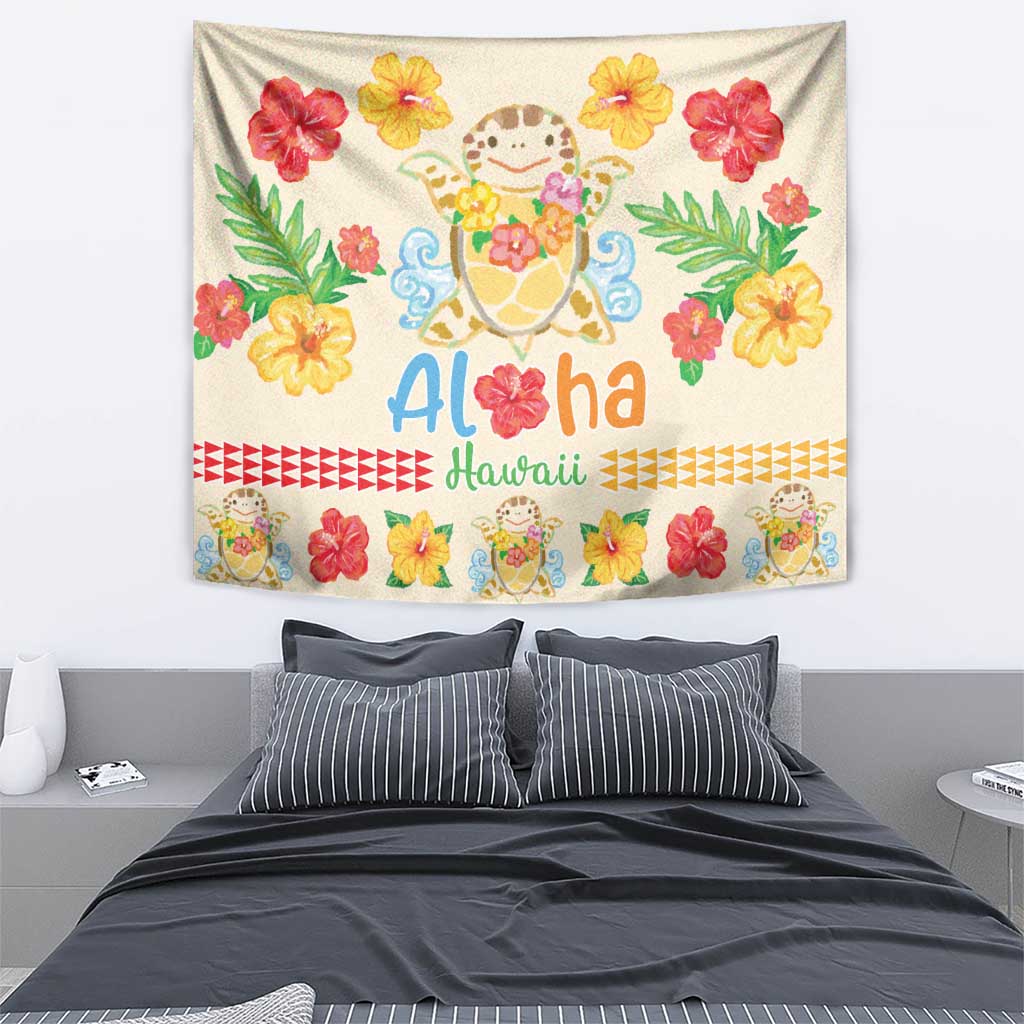 Kawaii Turtle Tapestry Aloha Hibiscus Flowers
