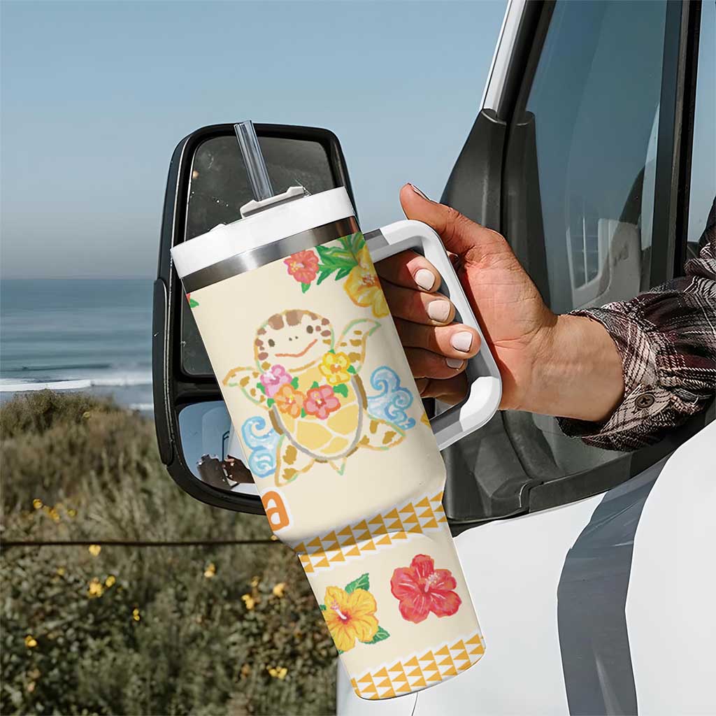 Kawaii Turtle Tumbler With Handle Aloha Hibiscus Flowers