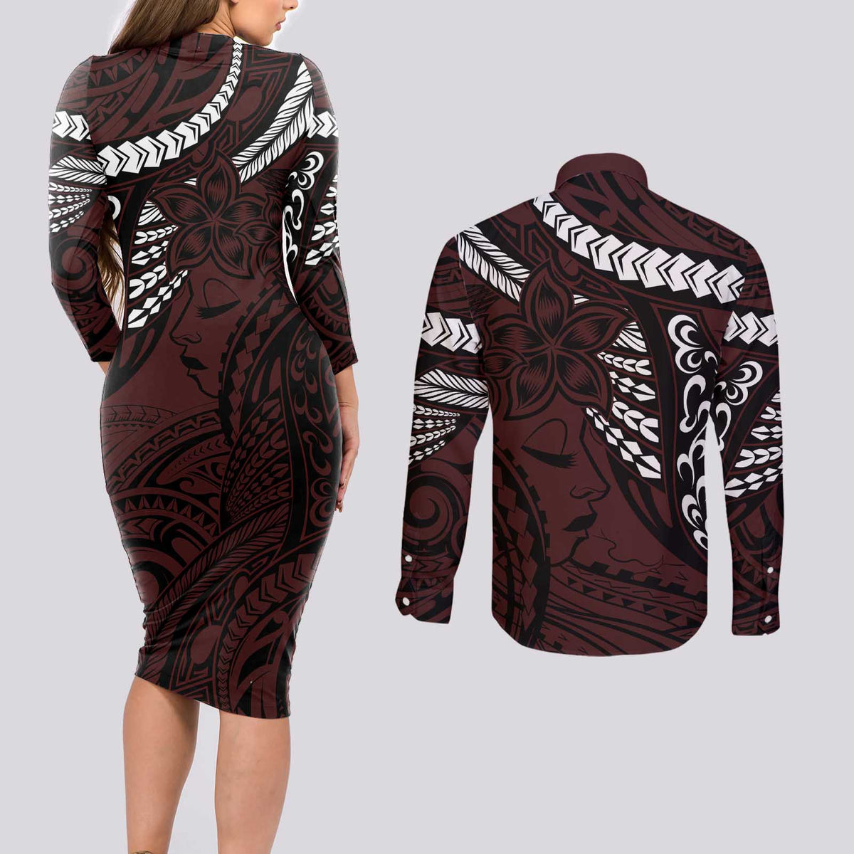 Polynesian Girl Tribal Tattoo Couples Matching Long Sleeve Bodycon Dress and Long Sleeve Button Shirt Oxbood Vibe