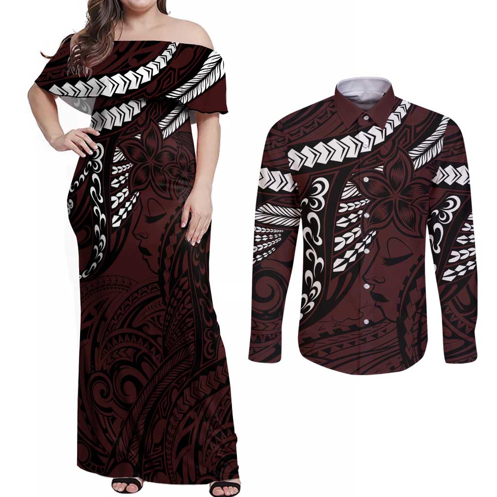 Polynesian Girl Tribal Tattoo Couples Matching Off Shoulder Maxi Dress and Long Sleeve Button Shirt Oxbood Vibe