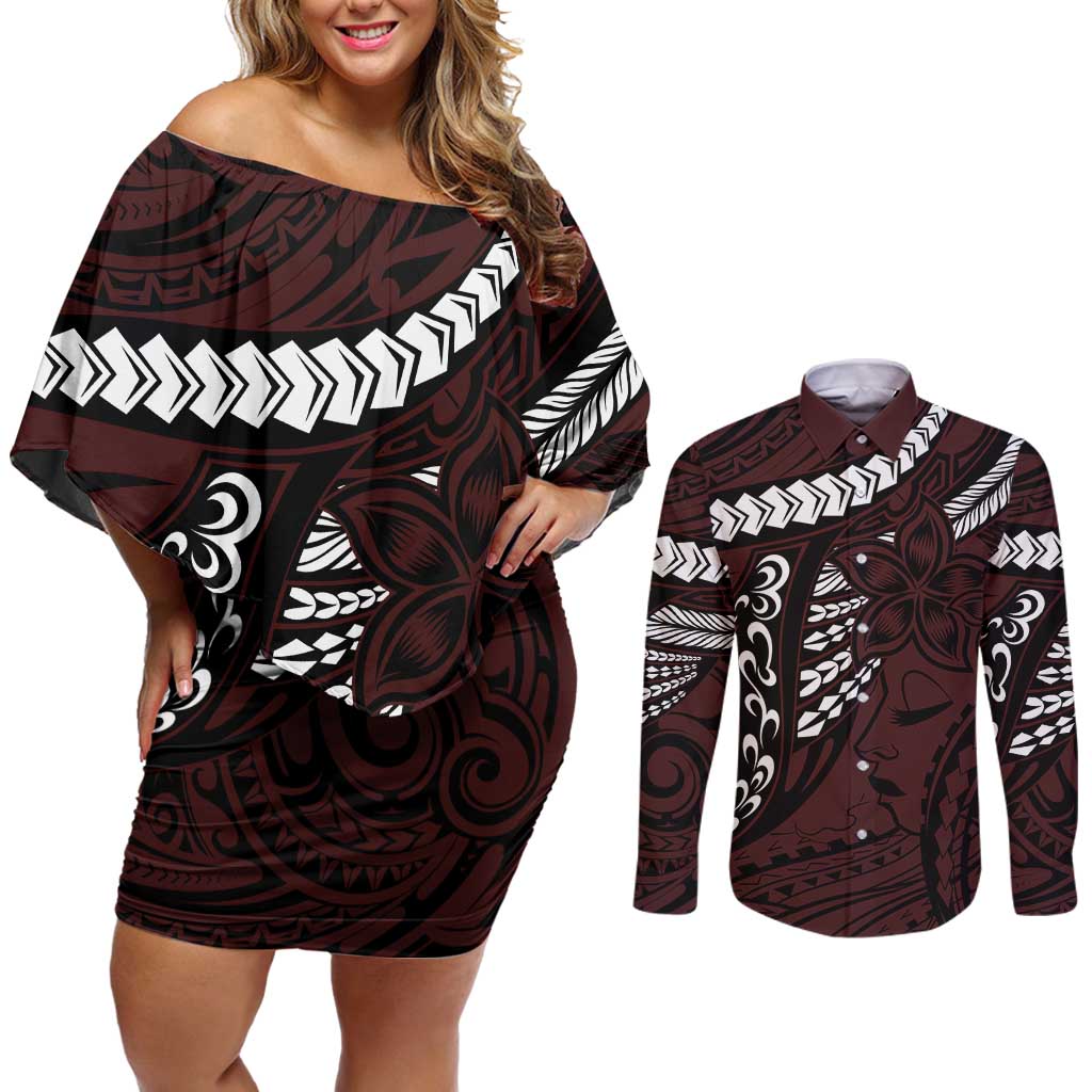 Polynesian Girl Tribal Tattoo Couples Matching Off Shoulder Short Dress and Long Sleeve Button Shirt Oxbood Vibe