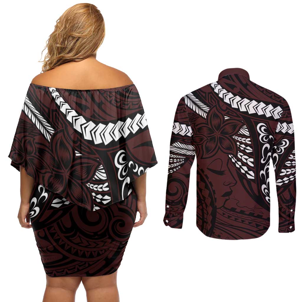 Polynesian Girl Tribal Tattoo Couples Matching Off Shoulder Short Dress and Long Sleeve Button Shirt Oxbood Vibe
