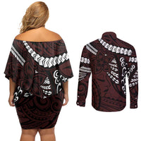 Polynesian Girl Tribal Tattoo Couples Matching Off Shoulder Short Dress and Long Sleeve Button Shirt Oxbood Vibe