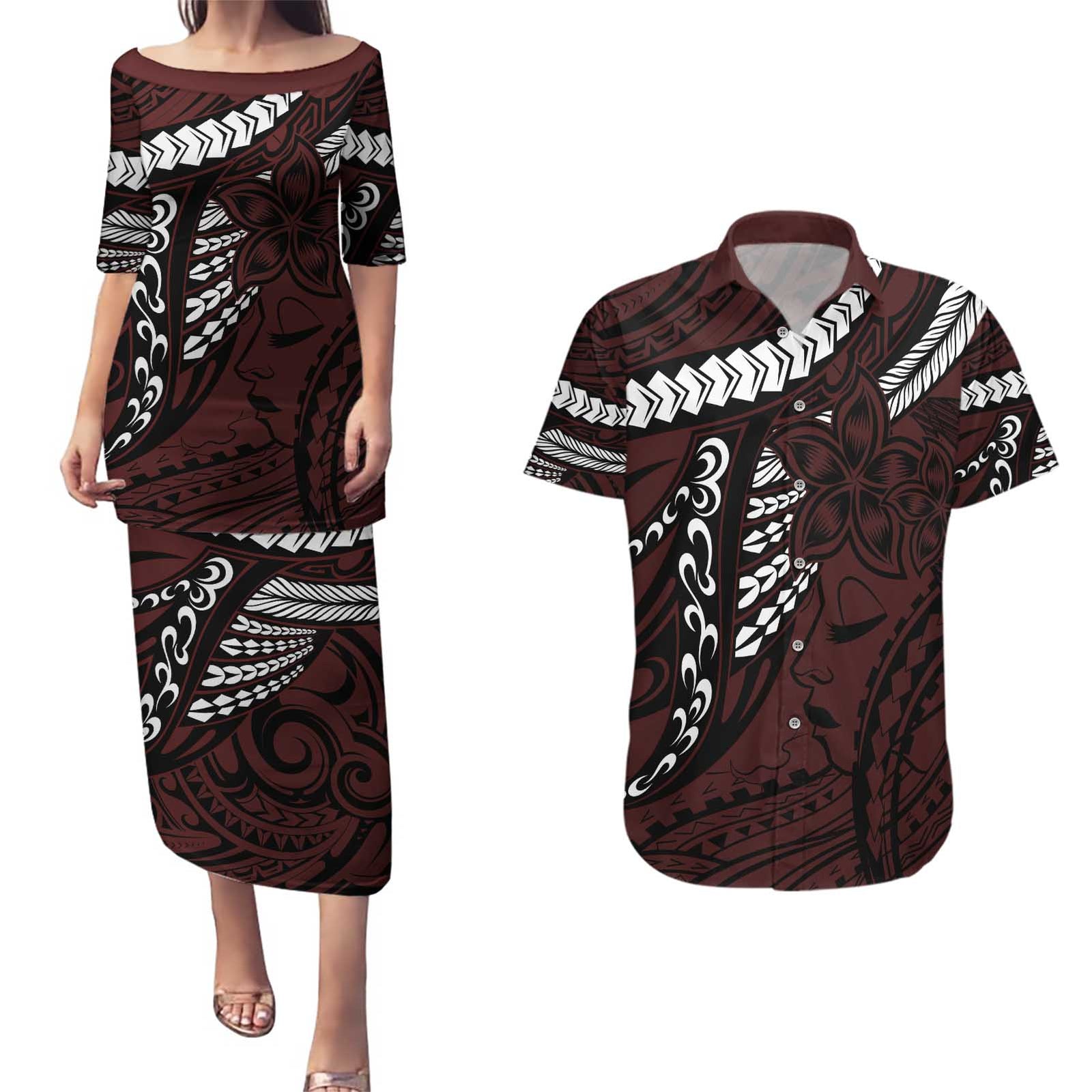 Polynesian Girl Tribal Tattoo Couples Matching Puletasi and Hawaiian Shirt Oxbood Vibe