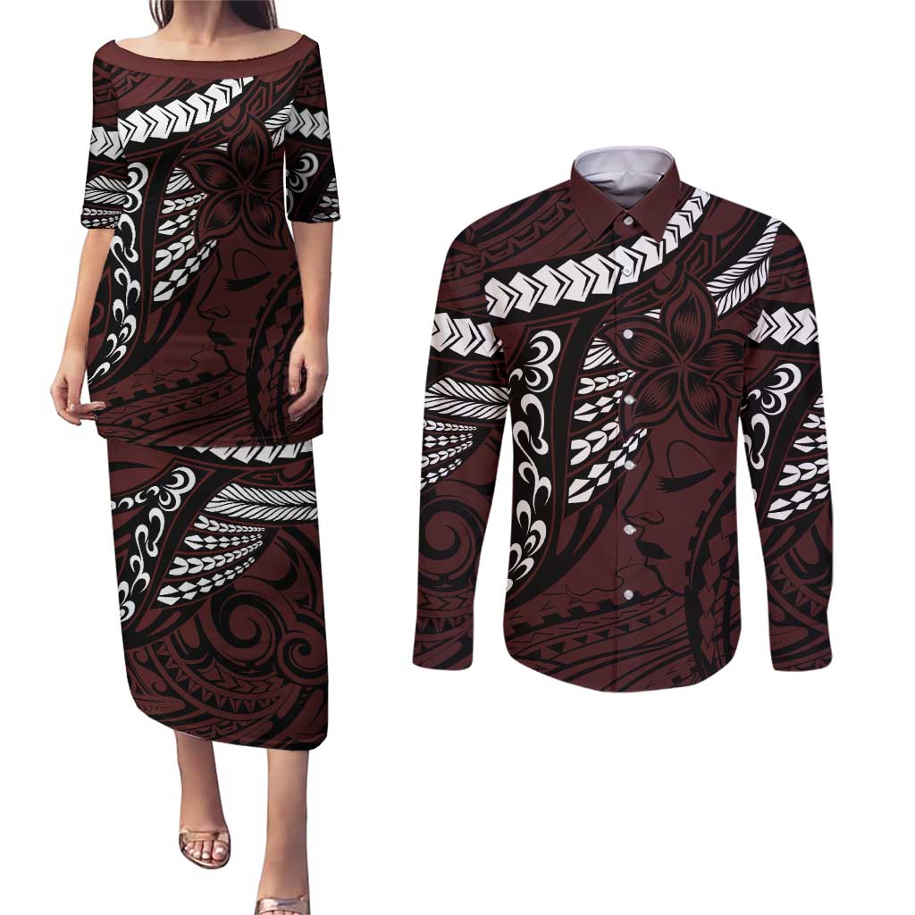 Polynesian Girl Tribal Tattoo Couples Matching Puletasi and Long Sleeve Button Shirt Oxbood Vibe