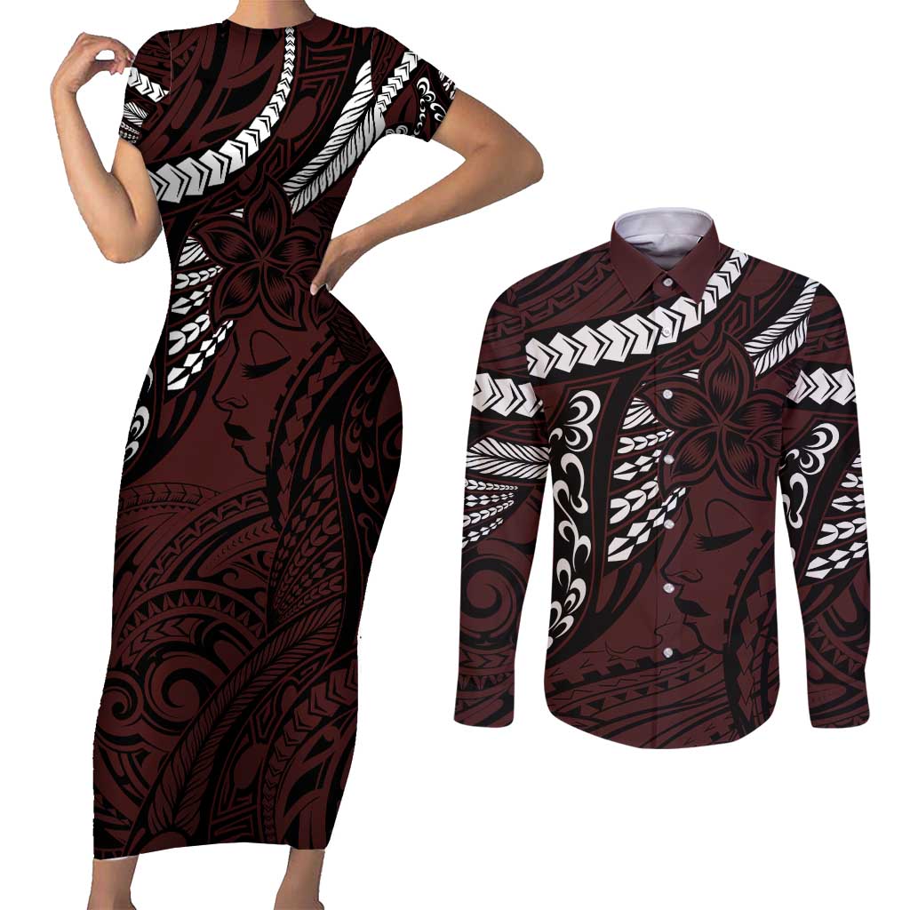 Polynesian Girl Tribal Tattoo Couples Matching Short Sleeve Bodycon Dress and Long Sleeve Button Shirt Oxbood Vibe