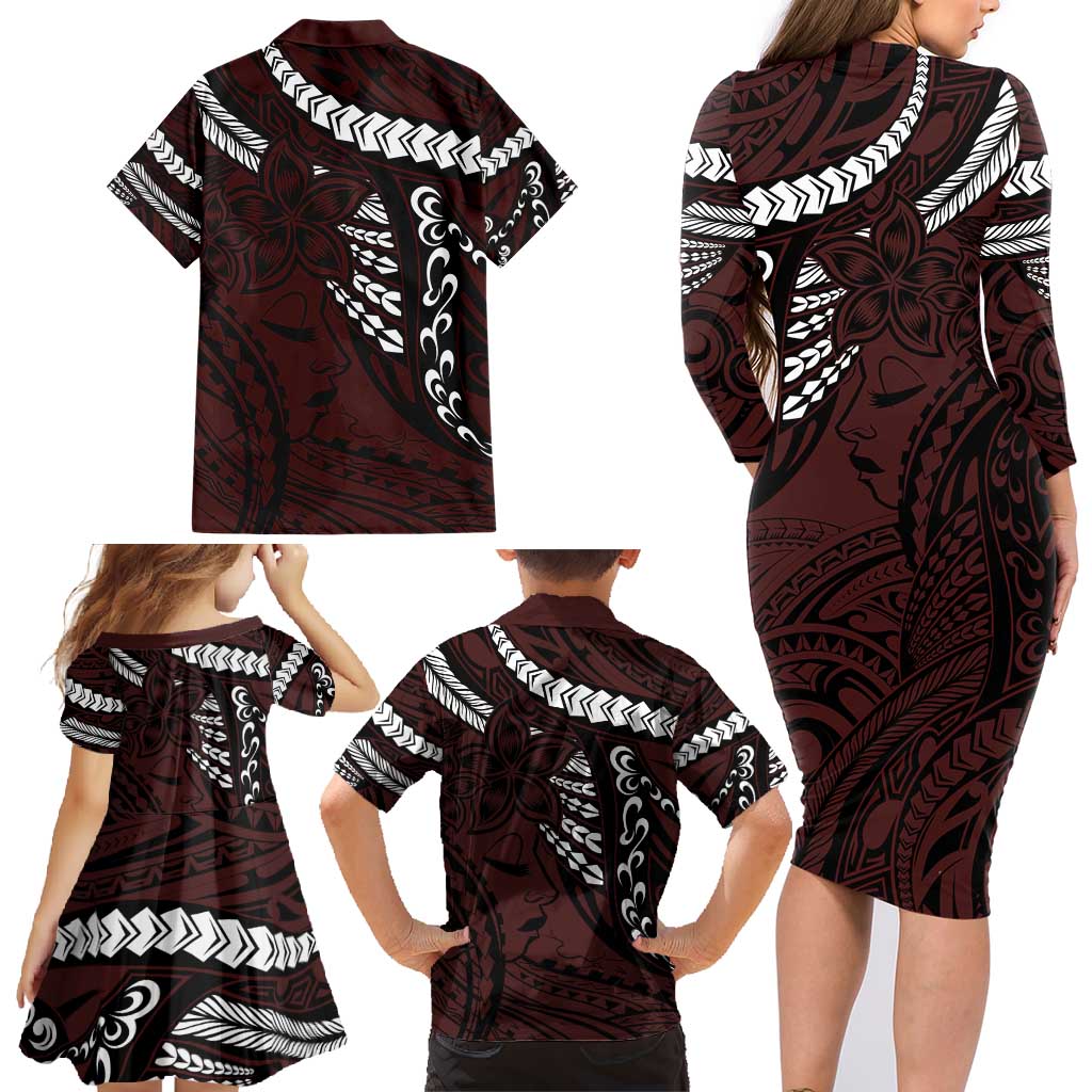 Polynesian Girl Tribal Tattoo Family Matching Long Sleeve Bodycon Dress and Hawaiian Shirt Oxbood Vibe LT9 - Polynesian Pride