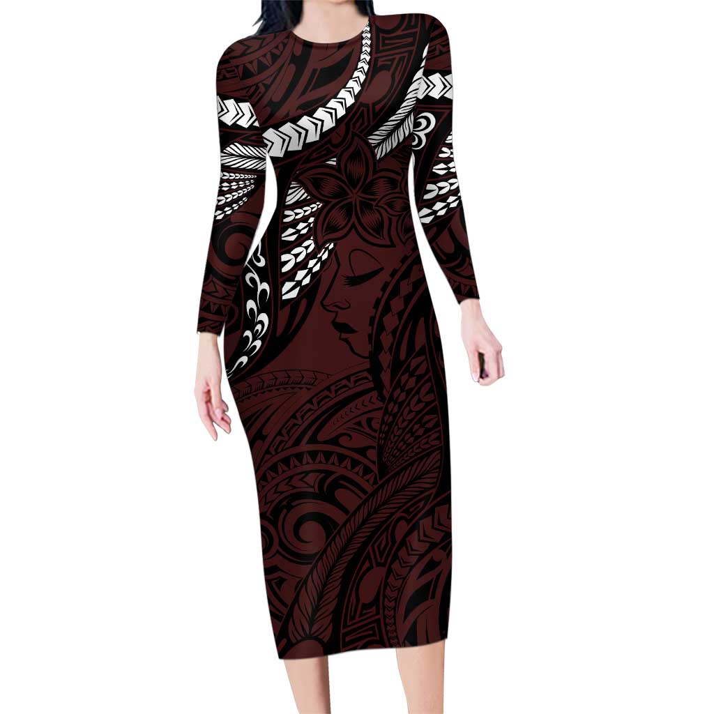 Polynesian Girl Tribal Tattoo Family Matching Long Sleeve Bodycon Dress and Hawaiian Shirt Oxbood Vibe LT9 Mom's Dress Oxblood - Polynesian Pride