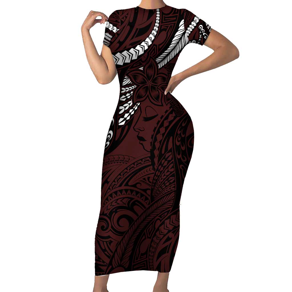 Polynesian Girl Tribal Tattoo Short Sleeve Bodycon Dress Oxbood Vibe LT9 Long Dress Oxblood - Polynesian Pride
