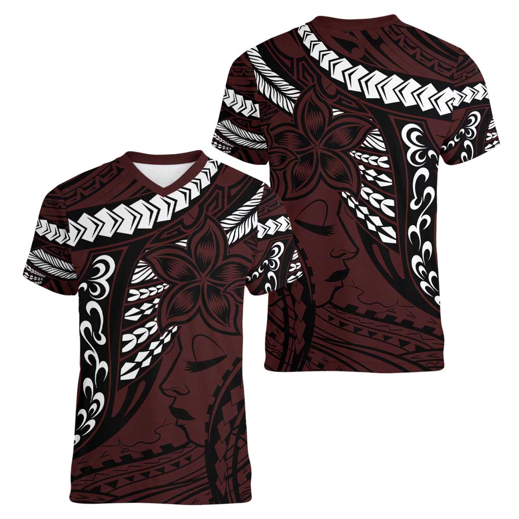 Polynesian Girl Tribal Tattoo Women V-Neck T-Shirt Oxbood Vibe LT9 - Polynesian Pride