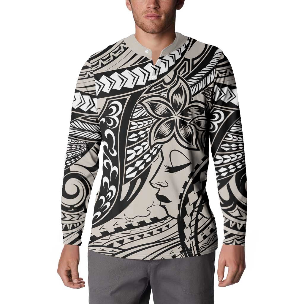 Polynesian Girl Tribal Tattoo Button Sweatshirt Beige Vibe