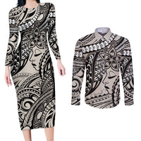 Polynesian Girl Tribal Tattoo Couples Matching Long Sleeve Bodycon Dress and Long Sleeve Button Shirt Beige Vibe