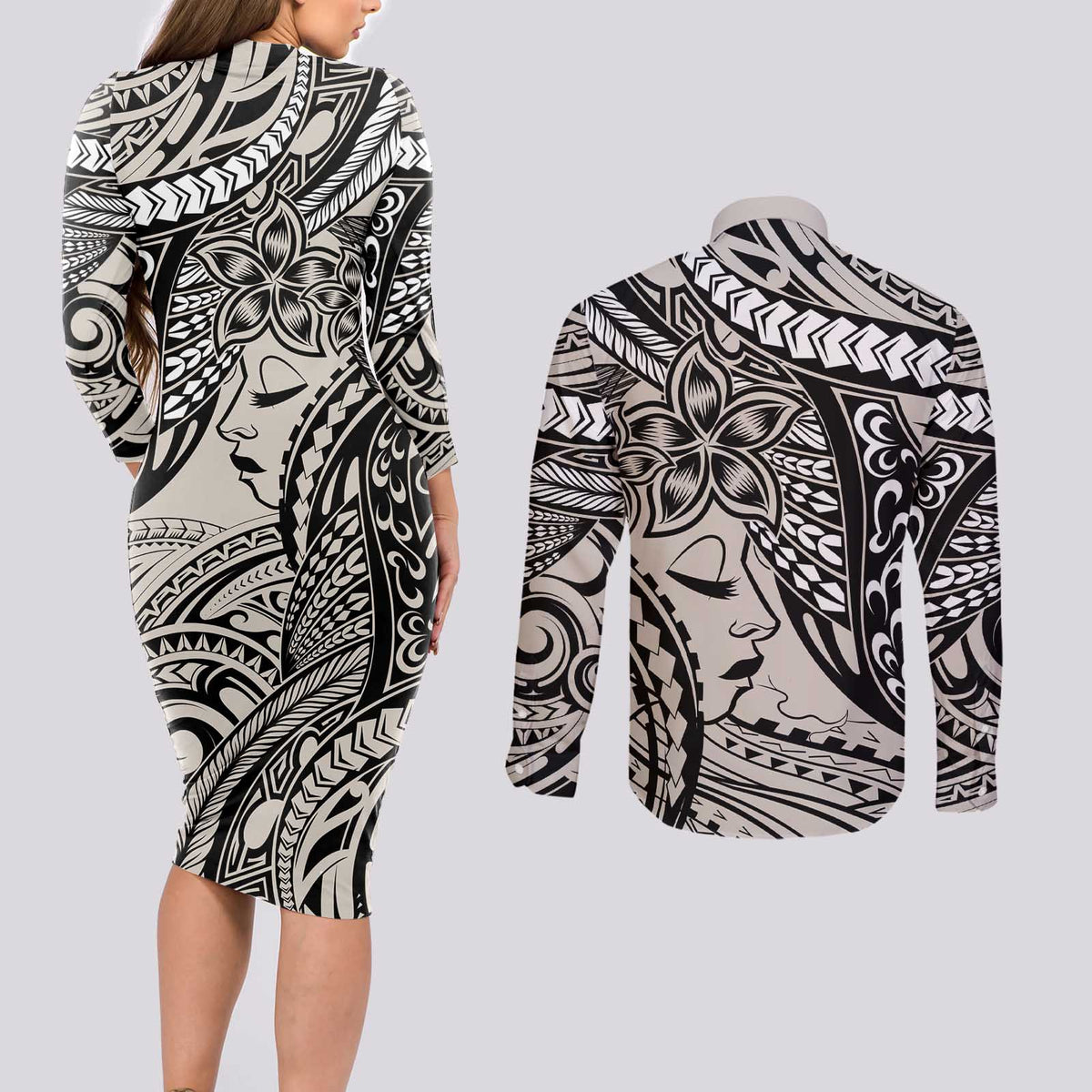 Polynesian Girl Tribal Tattoo Couples Matching Long Sleeve Bodycon Dress and Long Sleeve Button Shirt Beige Vibe