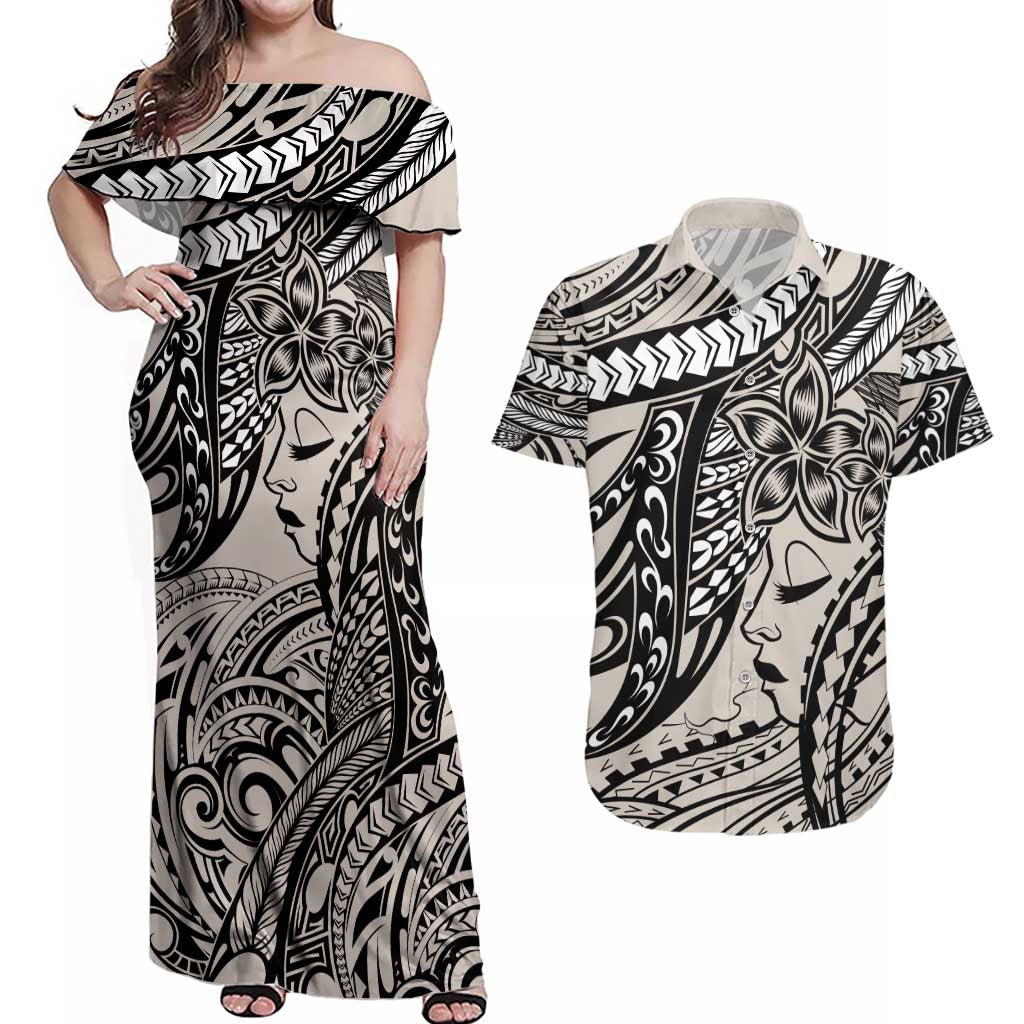 Polynesian Girl Tribal Tattoo Couples Matching Off Shoulder Maxi Dress and Hawaiian Shirt Beige Vibe