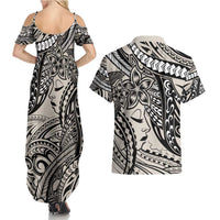 Polynesian Girl Tribal Tattoo Couples Matching Summer Maxi Dress and Hawaiian Shirt Beige Vibe