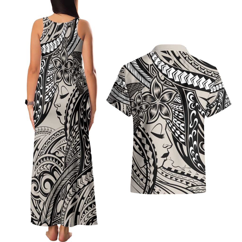 Polynesian Girl Tribal Tattoo Couples Matching Tank Maxi Dress and Hawaiian Shirt Beige Vibe