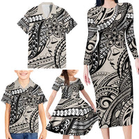 Polynesian Girl Tribal Tattoo Family Matching Long Sleeve Bodycon Dress and Hawaiian Shirt Beige Vibe LT9 - Polynesian Pride