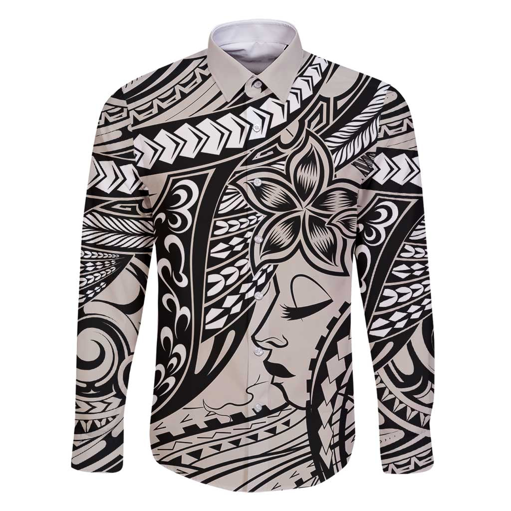 Polynesian Girl Tribal Tattoo Family Matching Long Sleeve Bodycon Dress and Hawaiian Shirt Beige Vibe LT9 Dad's Shirt - Long Sleeve Beige - Polynesian Pride