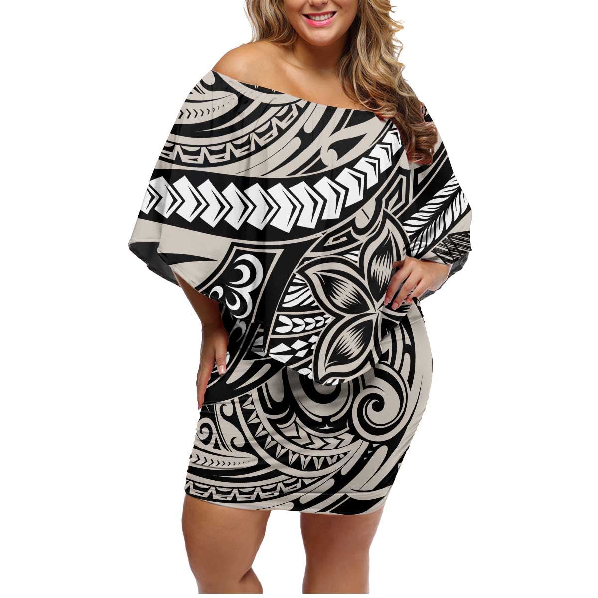 Polynesian Girl Tribal Tattoo Family Matching Off Shoulder Short Dress and Hawaiian Shirt Beige Vibe