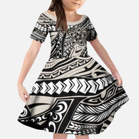 Polynesian Girl Tribal Tattoo Family Matching Puletasi and Hawaiian Shirt Beige Vibe LT9 Daughter's Dress Beige - Polynesian Pride