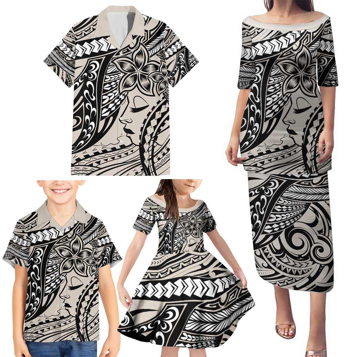 Polynesian Girl Tribal Tattoo Family Matching Puletasi and Hawaiian Shirt Beige Vibe LT9 - Polynesian Pride