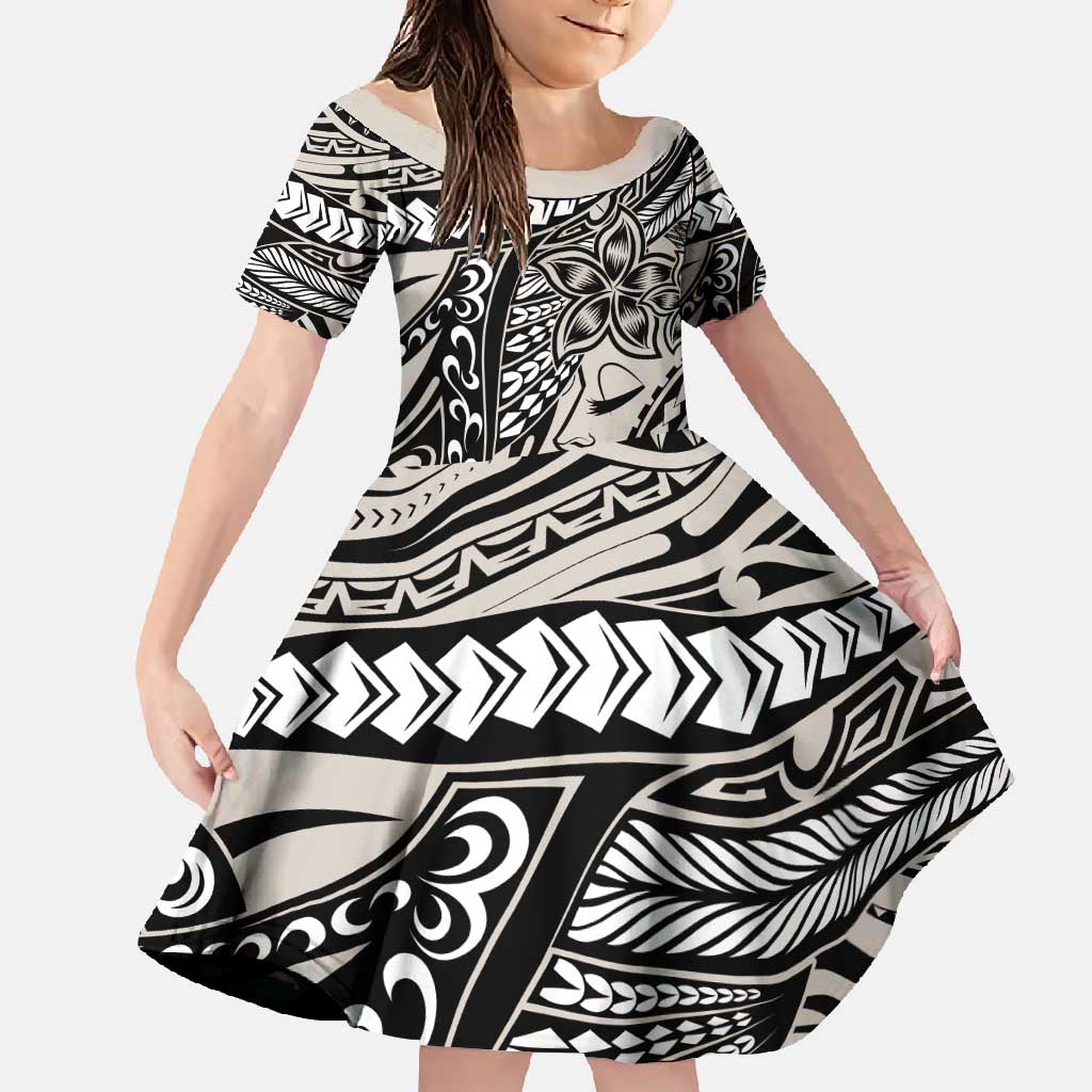 Polynesian Girl Tribal Tattoo Family Matching Short Sleeve Bodycon Dress and Hawaiian Shirt Beige Vibe LT9 Daughter's Dress Beige - Polynesian Pride