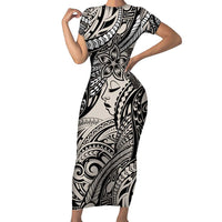 Polynesian Girl Tribal Tattoo Family Matching Short Sleeve Bodycon Dress and Hawaiian Shirt Beige Vibe LT9 Mom's Dress Beige - Polynesian Pride
