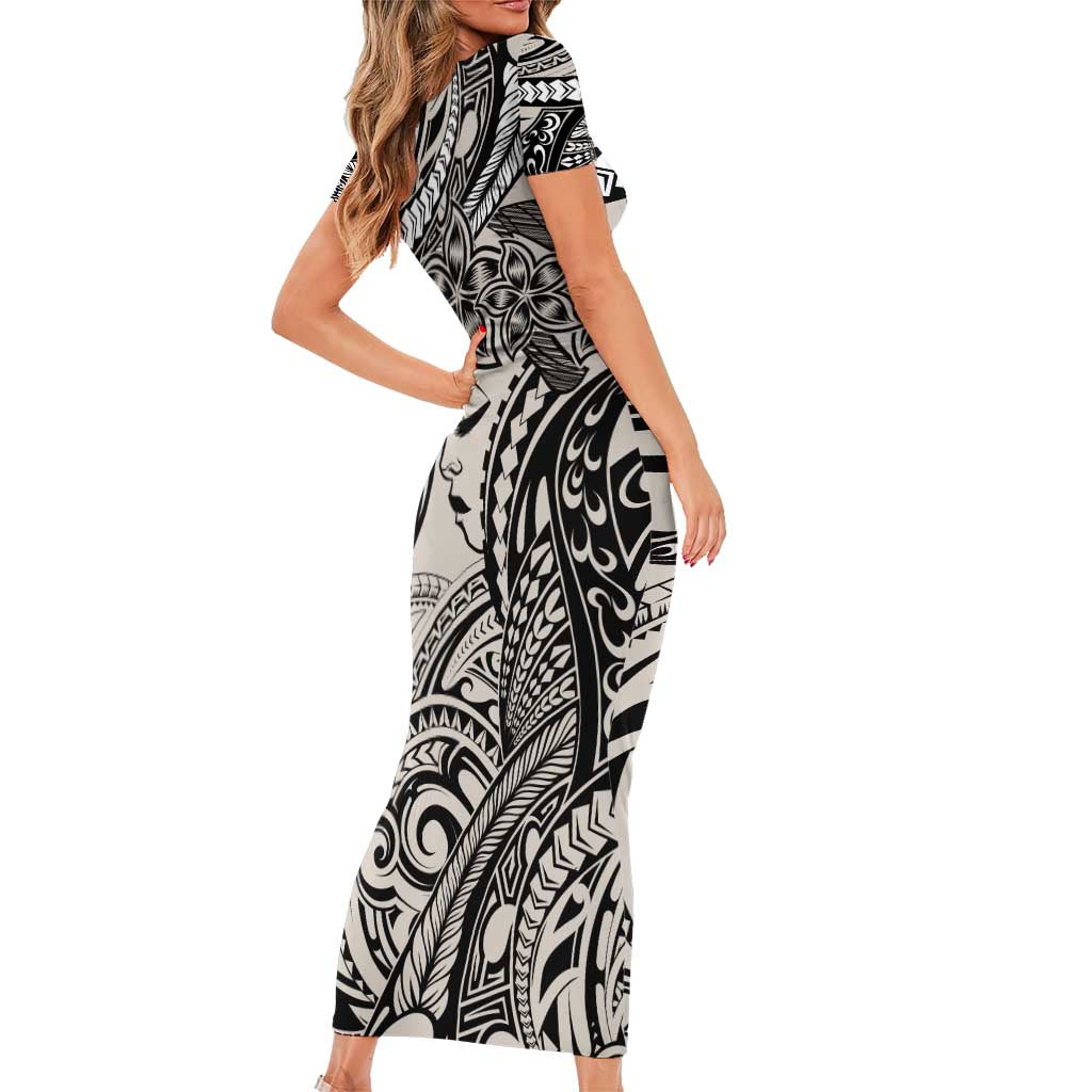 Polynesian Girl Tribal Tattoo Family Matching Short Sleeve Bodycon Dress and Hawaiian Shirt Beige Vibe LT9 - Polynesian Pride