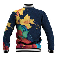 Polynesian Hibiscus Flower Waves Pattern Baseball Jacket
