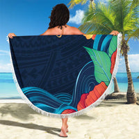 Polynesian Hibiscus Flower Waves Pattern Beach Blanket